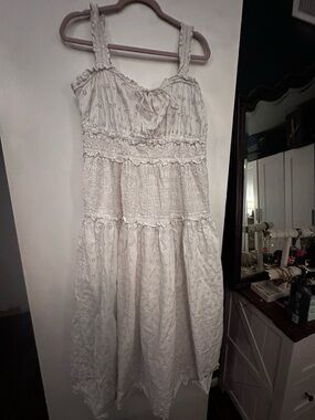 Women's White Eyelet Maxi Dress - Sleeveless Smocked Bodice